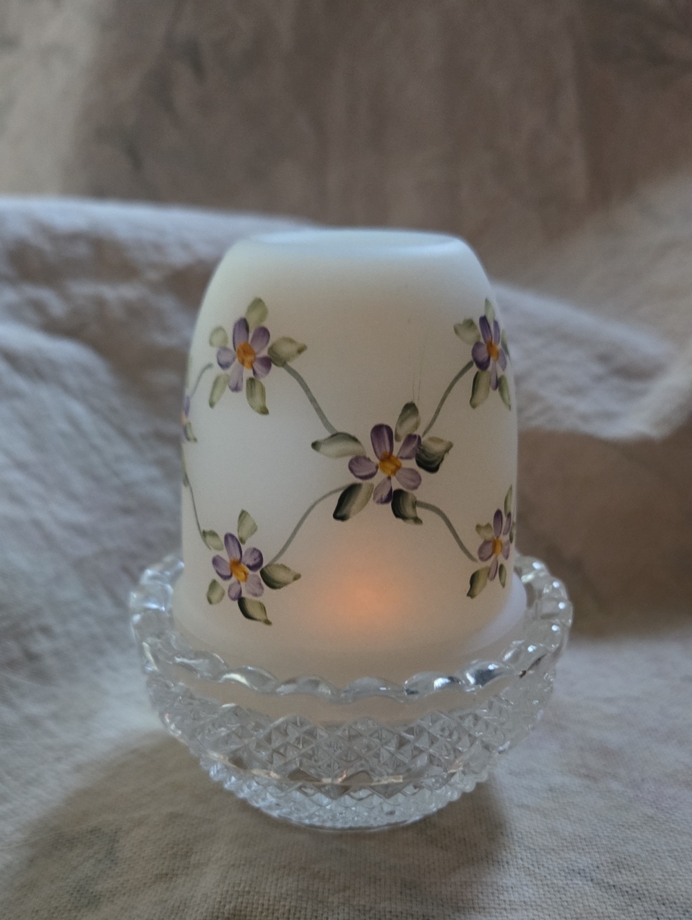 Vintage Mosser Fairy Lamp; diamond point base,frosted shade signed,purple blooms